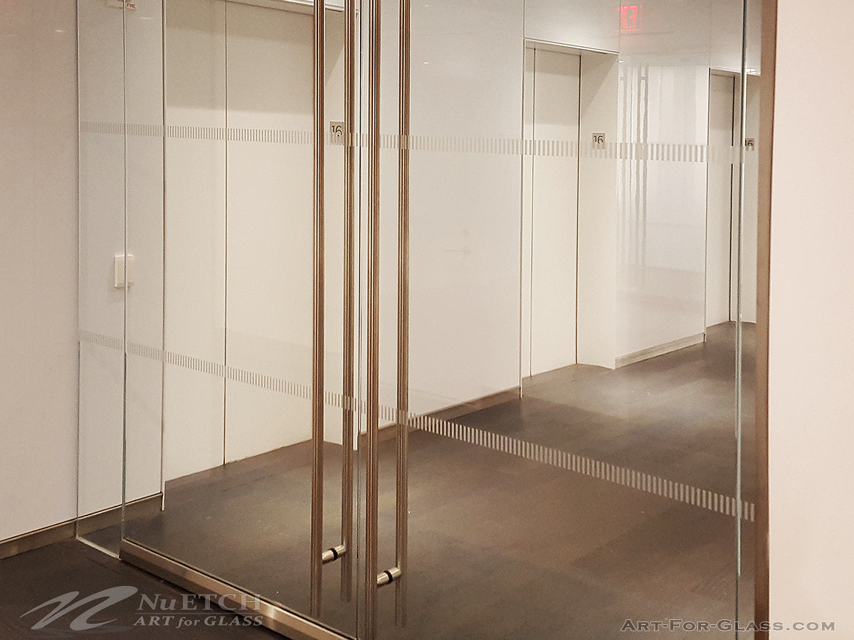 Easy to install New Yorker Style Distraction Marker Strip - Designed to Meet Safety Codes for Glass. Evenly spaced .25" W by 1.5″ H rectangles spaced .25" apart. Each strip marks a single 46″ row. Can be installed with Wet or Dry installation techniques.
