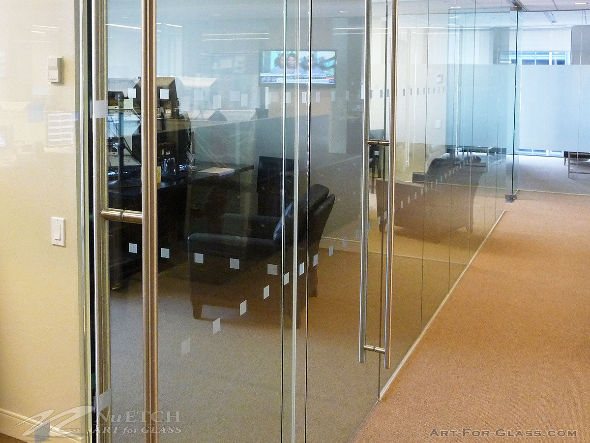 Easy to install Squares Distraction Marker Strip - Designed to Meet Safety Codes for Glass. Evenly spaced 1.5″ squares 6″ on center. Each strip marks a single 48″ row. Made with Etched Glass Look Film and Clear Application Tape. Can be installed with Wet or Dry installation techniques.