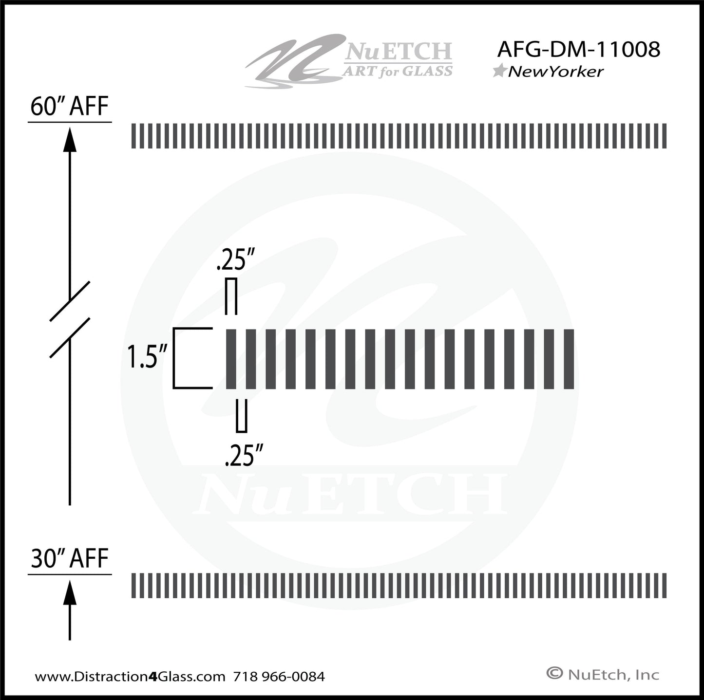 Easy to install New Yorker Style Distraction Marker Strip - Designed to Meet Safety Codes for Glass. Evenly spaced .25" W by 1.5″ H rectangles spaced .25" apart. Each strip marks a single 46″ row. Can be installed with Wet or Dry installation techniques.
