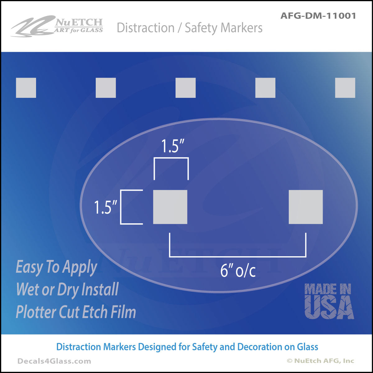 Easy to install Squares Distraction Marker Strip - Designed to Meet Safety Codes for Glass. Evenly spaced 1.5″ squares 6″ on center. Each strip marks a single 48″ row. Made with Etched Glass Look Film and Clear Application Tape. Can be installed with Wet or Dry installation techniques.